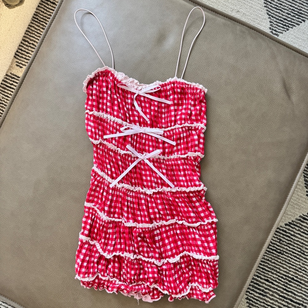 Red and Pink Gingham Ruched Dress - Size 4
